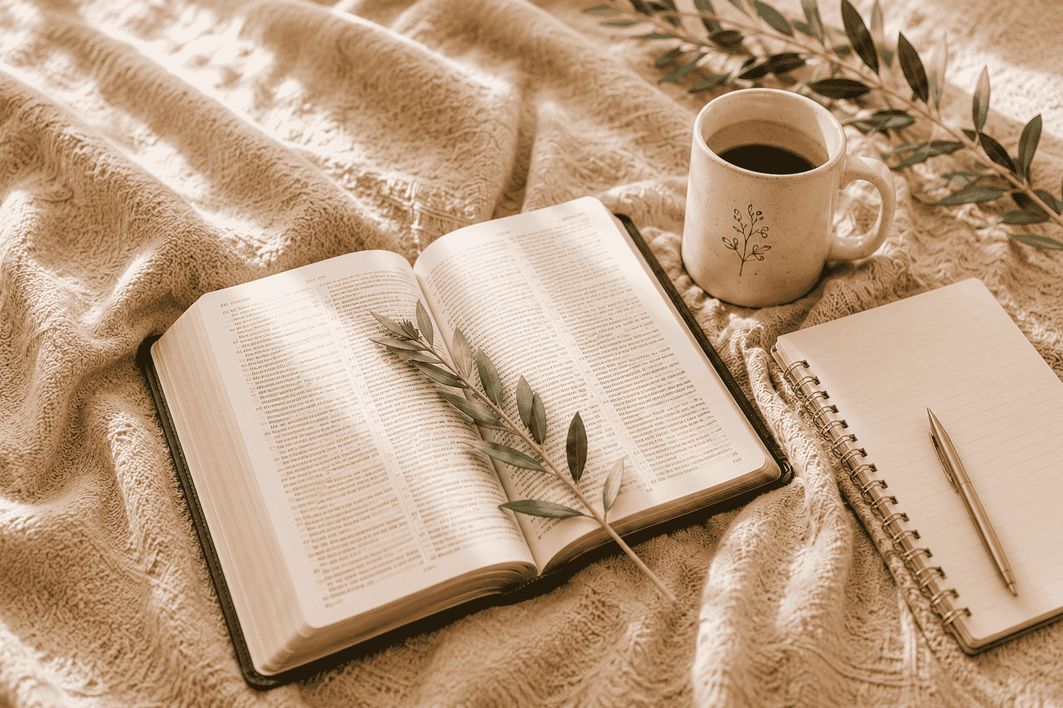 Open book with coffee mug and blank notebook